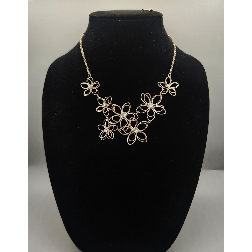 Rose Gold Tone Floral Bib Statement Necklace Adjustable Rhinestone Flower